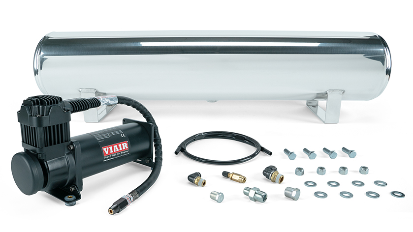 4 Gal. Polished Tank W/ Viair 444c Black Compressor, 1/4\" & 3/8\" Fittings & Tank Mounting Hardware